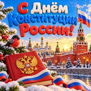 Открытка «С Днём Конституции России!» с Кремлём зимой