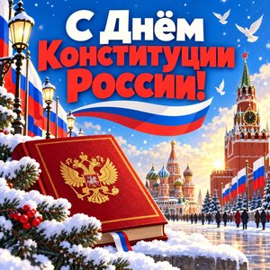 Открытка «С Днём Конституции России!» с площадью и флагами