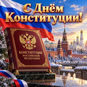 Открытка «С Днём Конституции!» с флагом над Кремлём