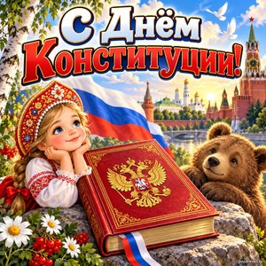 Открытка «С Днём Конституции!» с Основным законом и флагом
