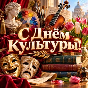 Открытка «С Днём культуры!» с масками и скрипкой