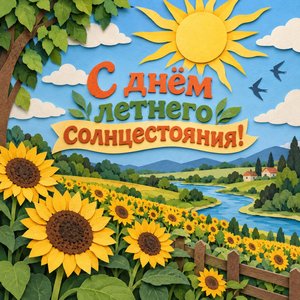 Открытка «С днём летнего солнцестояния!» с солнцем над подсолнухами