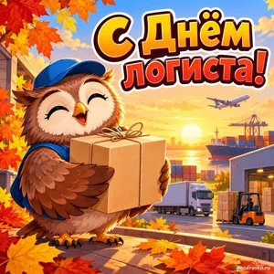 Открытка «С Днём логиста!» с доброй совой и посылкой при золотом солнечном свете