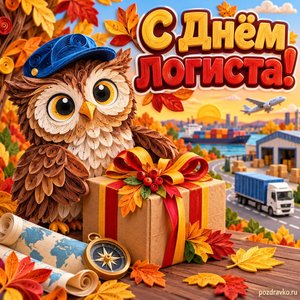 Открытка «С Днём логиста!» с доброй совой и посылкой с нарядными праздничными лентами