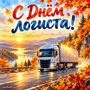 Открытка «С Днём логиста!» с грузовиком на осенней дороге при золотом солнечном свете