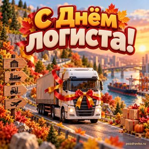 Открытка «С Днём логиста!» с грузовиком на осенней дороге с нарядными праздничными лентами
