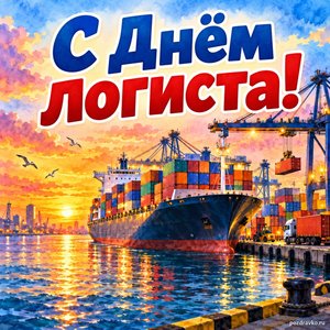 Открытка «С Днём логиста!» с контейнеровозом в порту