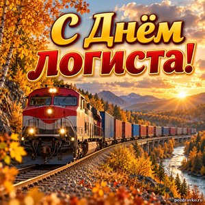 Открытка «С Днём логиста!» с поездом и золотыми деревьями на фоне мягких осенних облаков