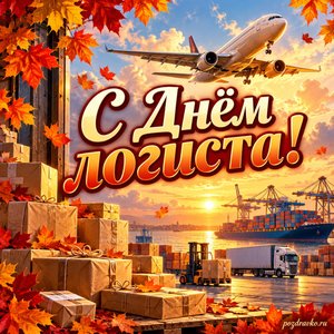 Открытка «С Днём логиста!» с самолётом и посылками в рамке из кленовых листьев