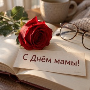 Открытка «С Днём мамы!» с розой на книге
