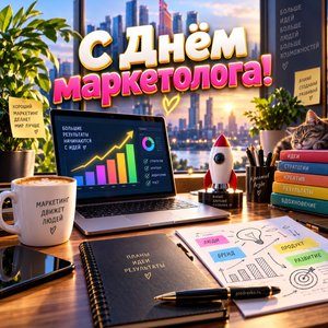 Открытка «С Днём маркетолога!» с графиками роста