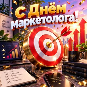Открытка «С Днём маркетолога!» с мишенью и стрелой