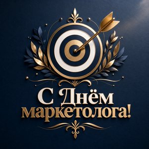 Открытка с Днём маркетолога с мишенью и золотой стрелой