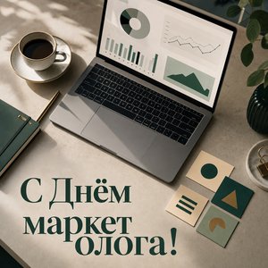 Открытка с Днём маркетолога с ноутбуком и аналитикой