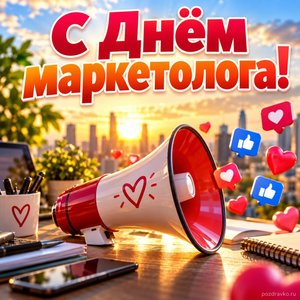 Открытка «С Днём маркетолога!» с рупором и лайками