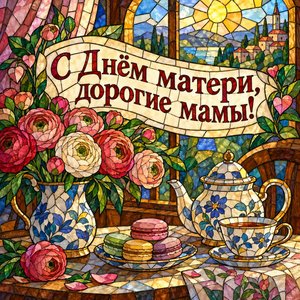 Открытка «С Днём матери, дорогие мамы!» с чаем и макарунами