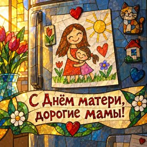 Открытка «С Днём матери, дорогие мамы!» с детским рисунком