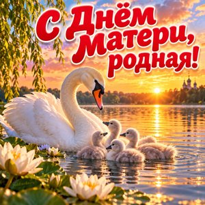Открытка «С Днём матери, родная!» с лебедями на золотом закате