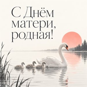 Открытка «С Днём матери, родная!» с лебедью и лебедятами