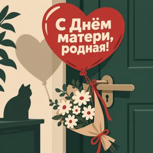 Открытка «С Днём матери, родная!» с шаром-сердцем на двери