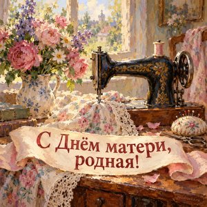 Открытка «С Днём матери, родная!» со швейной машинкой