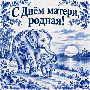 Открытка «С Днём матери, родная!» со слонихой и слонёнком