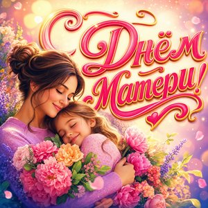 Открытка с Днём матери с фиолетовыми цветами и бабочкой