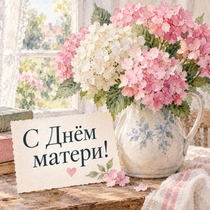 Открытка «С Днём матери!» с гортензиями в кувшине
