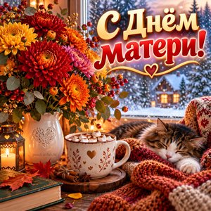 Открытка «С Днём матери!» с хризантемами у окна