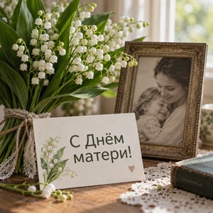 Открытка «С Днём матери!» с ландышами и рамкой