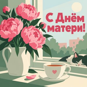 Открытка «С Днём матери!» с пионами на окне