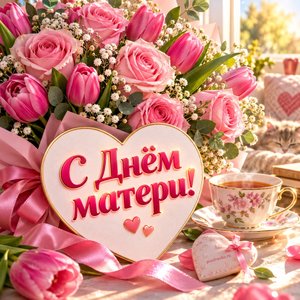 Открытка «С Днём матери!» с розами и тюльпанами
