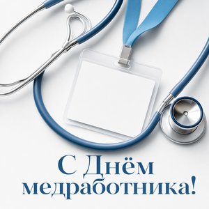 Открытка с Днём медицинского работника с бейджем врача и стетоскопом