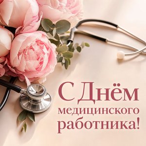 Открытка с Днём медицинского работника с букетом пионов и стетоскопом
