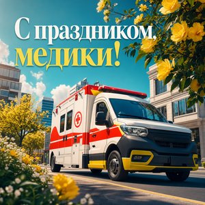 Открытка с Днём медицинского работника с машиной скорой помощи