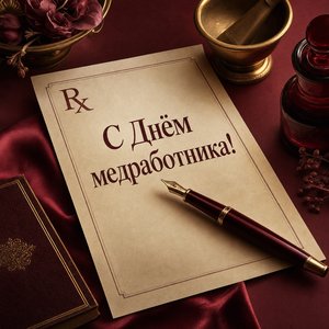 Открытка с Днём медицинского работника с рецептом и перьевой ручкой