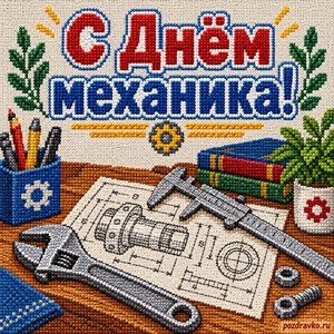 Открытка «С Днём механика!» с ключом и штангенциркулем