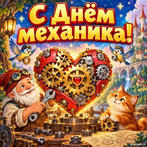 Открытка «С Днём механика!» с сердцем из шестерёнок