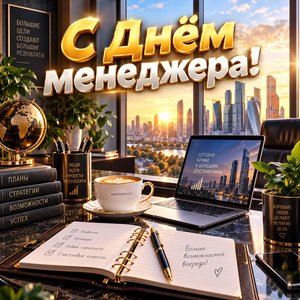 Открытка «С Днём менеджера!» с ежедневником и видом на город