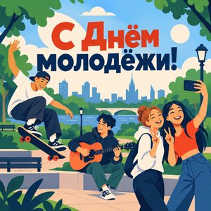 Открытка «С Днём молодёжи!» со скейтом и гитарой