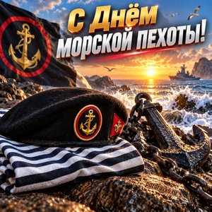 Открытка «С Днём морской пехоты!» с беретом и якорем