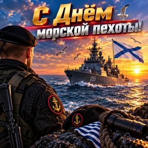 Открытка «С Днём морской пехоты!» с кораблём на закате