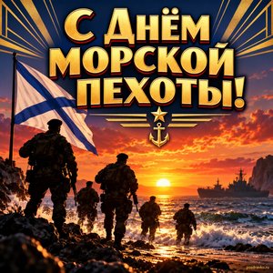 Открытка «С Днём морской пехоты!» с силуэтами на берегу