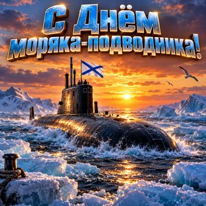 Открытка «С Днём моряка-подводника!» с подлодкой во льдах