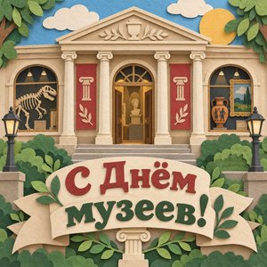 Открытка «С Днём музеев!» с бумажным музеем