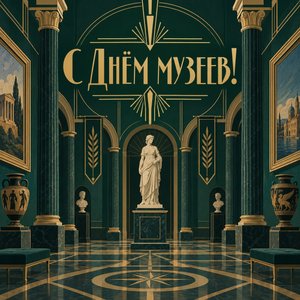 Открытка «С Днём музеев!» с залом и статуей