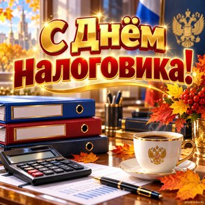 Открытка «С Днём налоговика!» с папками и калькулятором