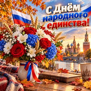 Открытка «С Днём народного единства!» с букетом в цветах флага