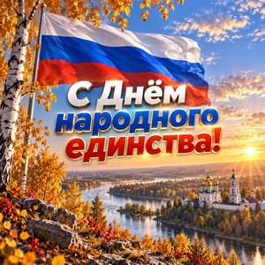 Открытка «С Днём народного единства!» с флагом над осенним лесом