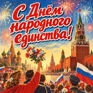 Открытка «С Днём народного единства!» с Кремлём и салютом